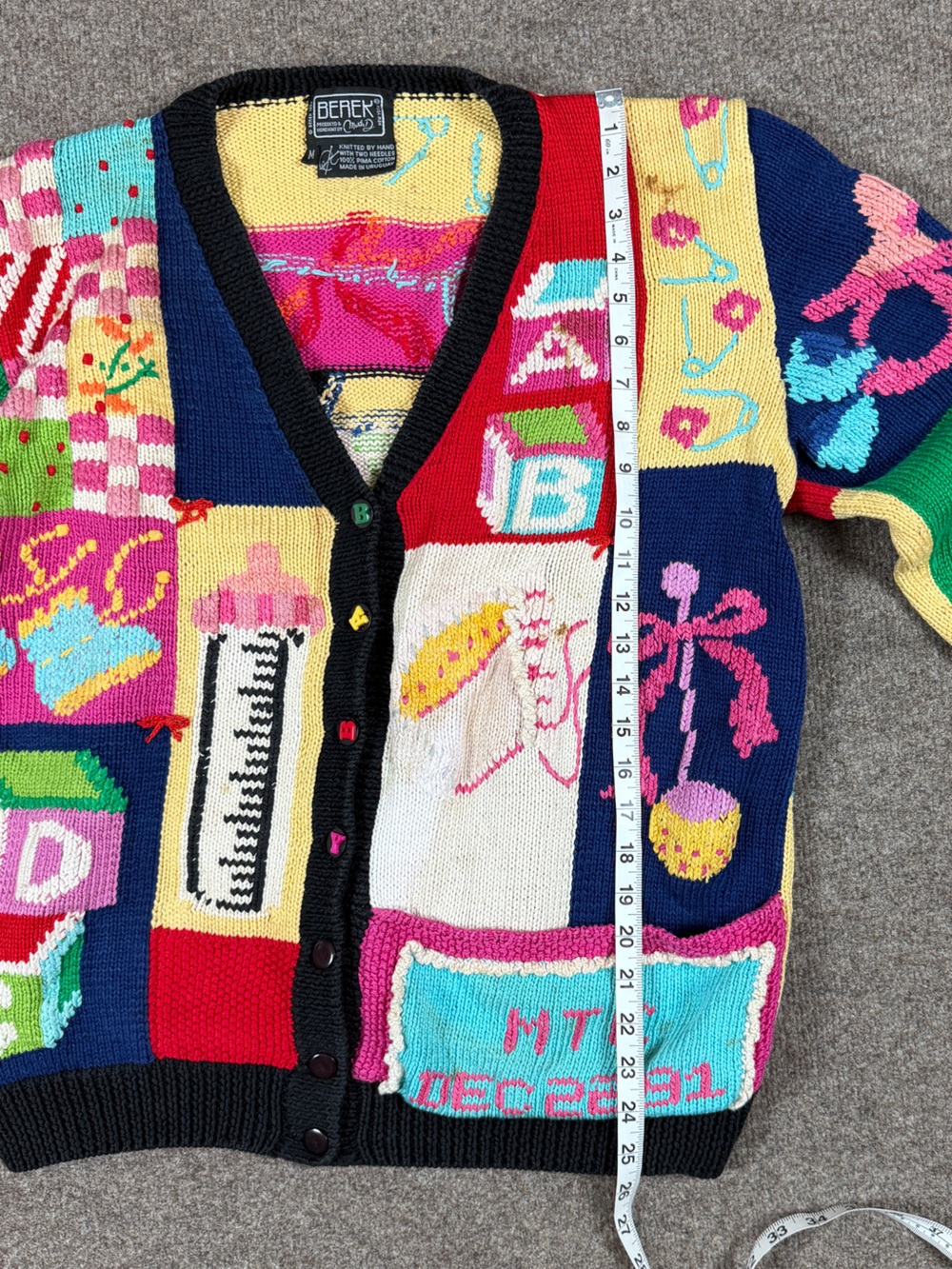 Vintage Baby Theme Hand Knit Cardigan Sweater Women’s M Art-To-Wear Teachercore - Picture 11 of 12